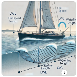 A detailed diagram showing the concept of hull speed for a sailboat. The boat is moving through the water, with visible bow and stern waves.