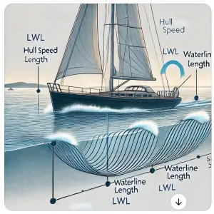 A detailed diagram showing the concept of hull speed for a sailboat. The boat is moving through the water, with visible bow and stern waves.