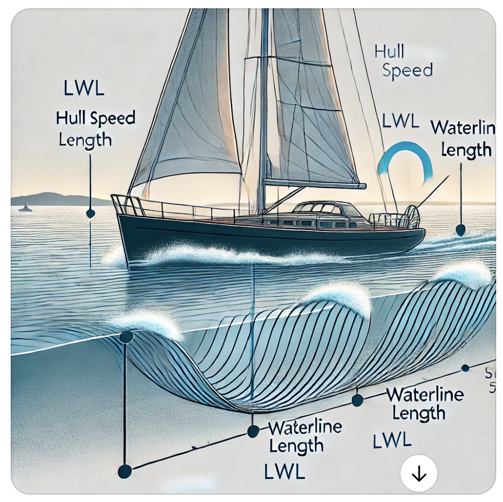 A detailed diagram showing the concept of hull speed for a sailboat. The boat is moving through the water, with visible bow and stern waves.