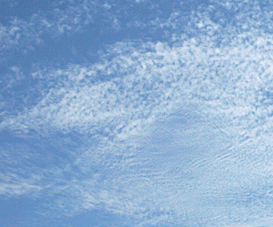 Cirrocumulus: Thin white ripples or small puffs, which may be accompanied by some Cirrus/Cirrostratus.