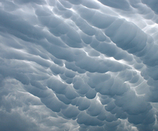 Mammatus: Small pouch or pocket-like clouds sinking into drier air and often seen near thunderstorms.